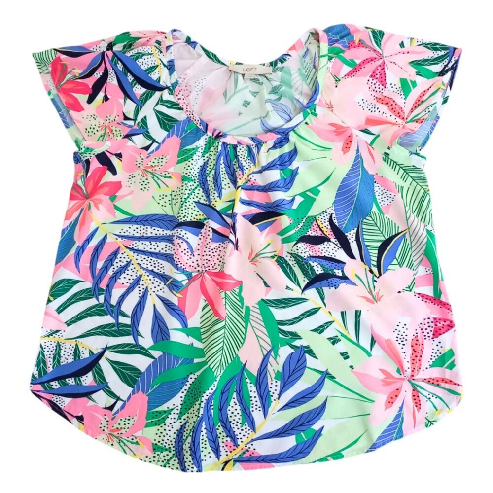 LOFT Floral Tropical Print Women’s Blouse - Short Sleeve Scoop Neck Top, Size M